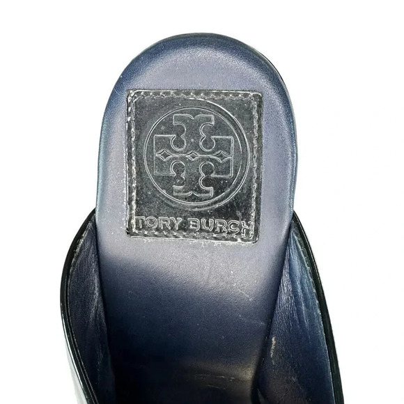 Tory Burch Leather Glossy Black Gold Elegant Slip On Mule Open Toe Size 8.5M - Picture 6 of 8